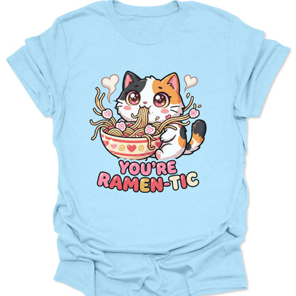 Light Blue unisex adult t-shirt displaying adorable cat with ramen bowl and heart garnishes, anime aesthetic.