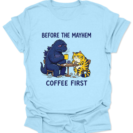 Light Blue unisex adult t-shirt featuring cute kaiju and grumpy cat coffee lovers graphic art.