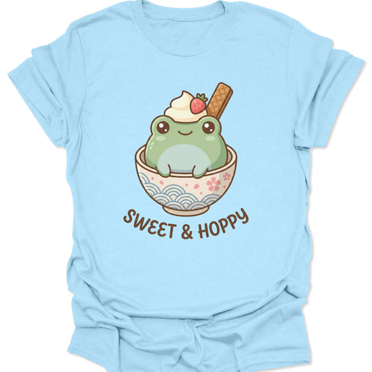 Light blue unisex adult t-shirt featuring a Japanese-style frog treat with strawberry and wave-patterned bowl.