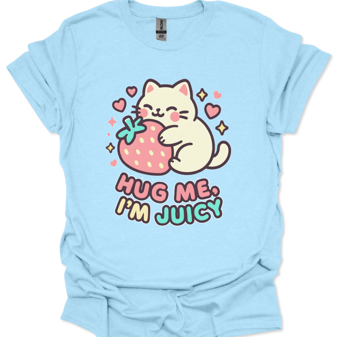 Kawaii-style cat hugging a large strawberry with the slogan "Hug Me, I’m Juicy"