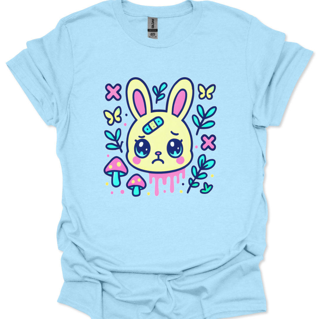 Kawaii bunny face with plaster teardrop eyes and forest doodles