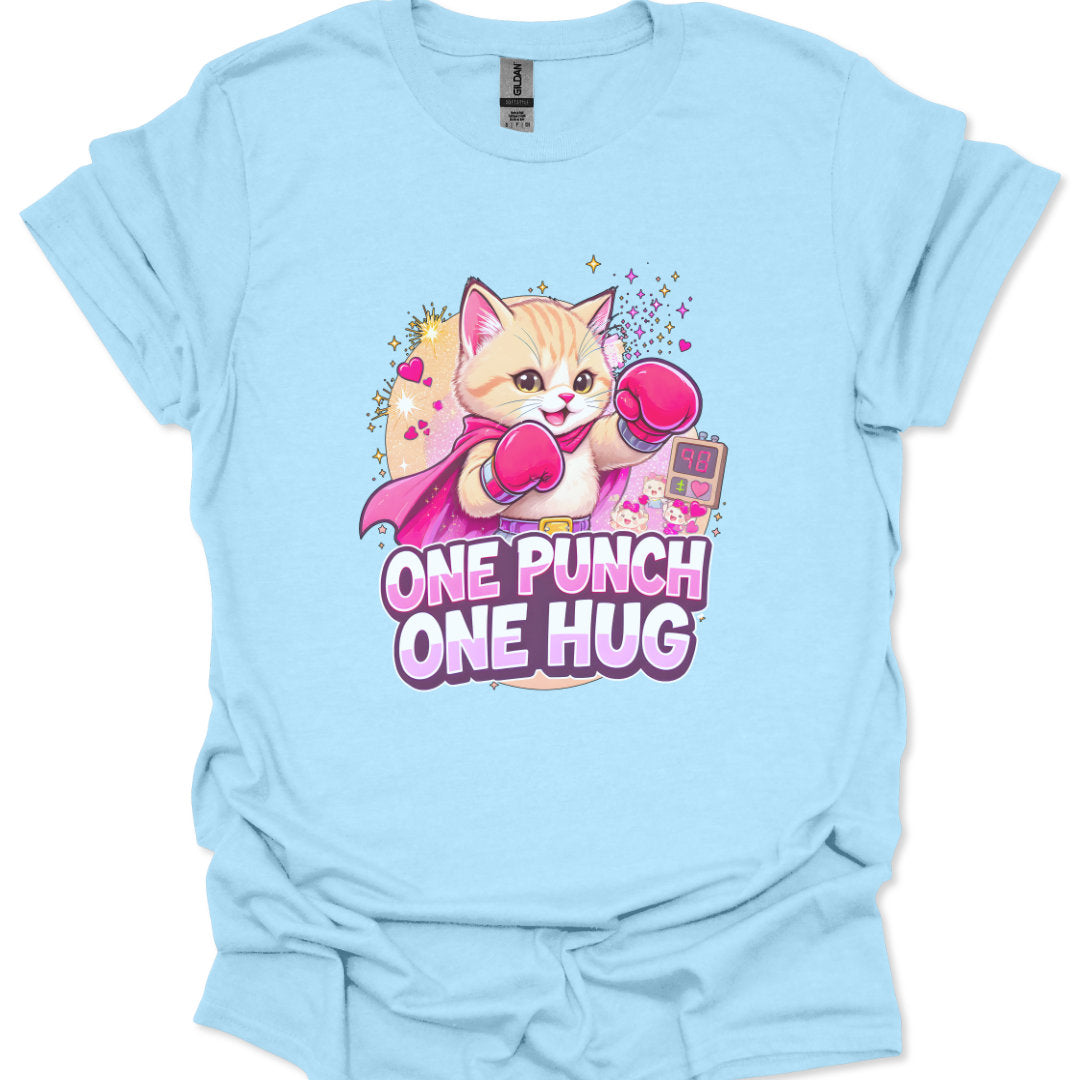 Light blue t-shirt with a cartoon cat design and text 'One Punch One Hug' on a white background.