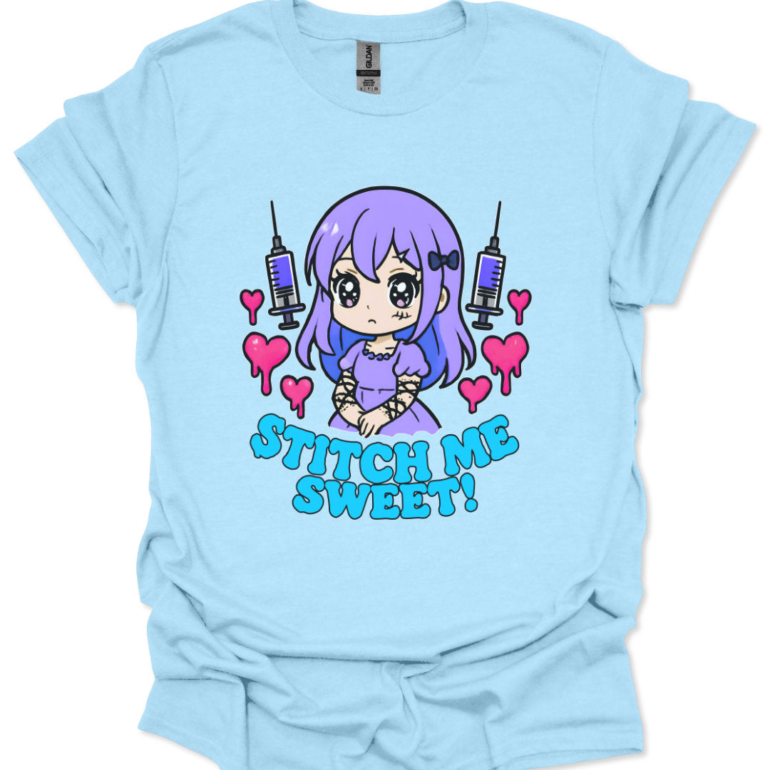 Light blue t-shirt with a cartoon character and text 'Stitch Me Sweet' on a white background