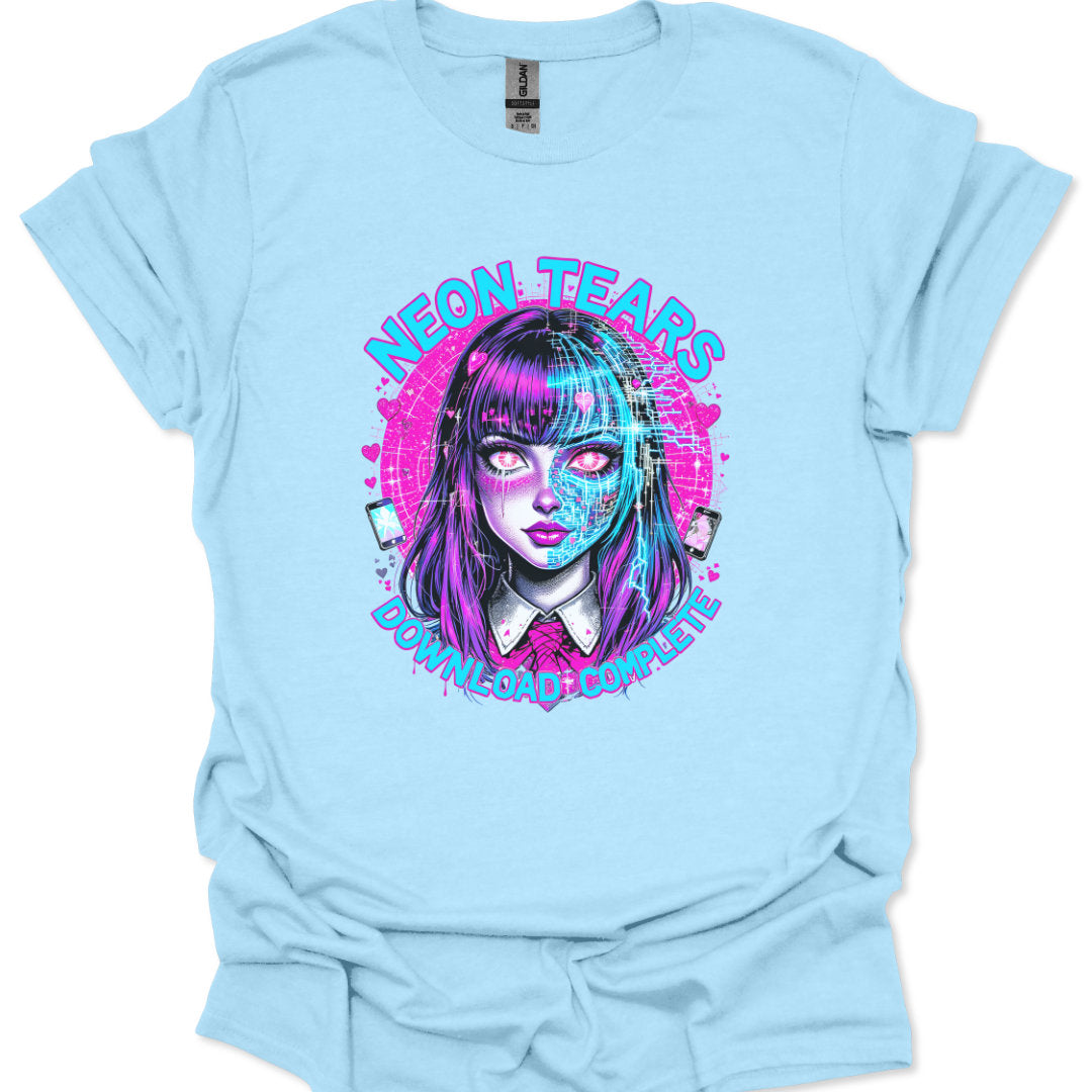 Light blue t-shirt with a graphic of a woman's face and 'Neon Tears' text on a white background