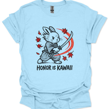 Light blue t-shirt with a graphic of a rabbit holding a sword and the text 'Honor is Kawaii' on a white background.