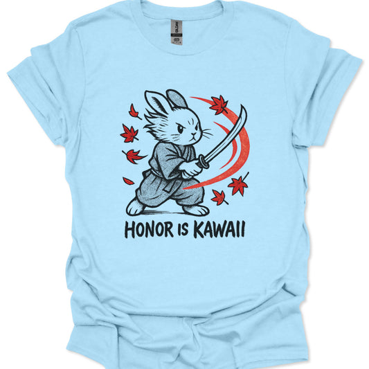 Light blue t-shirt with a graphic of a rabbit holding a sword and the text 'Honor is Kawaii' on a white background.