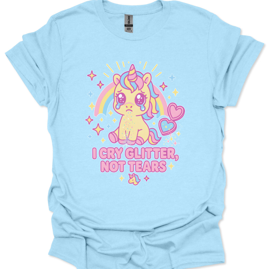kawaii unicorn crying glitter with rainbow hearts and stars illustration