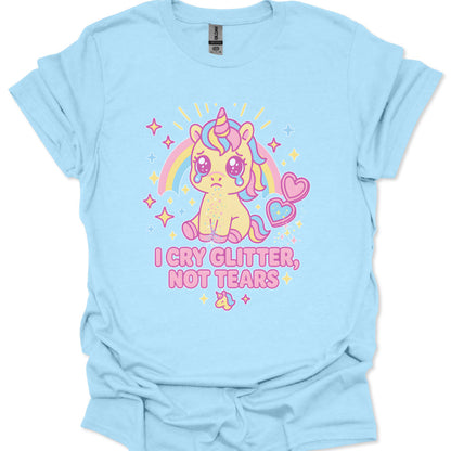 kawaii unicorn crying glitter with rainbow hearts and stars illustration