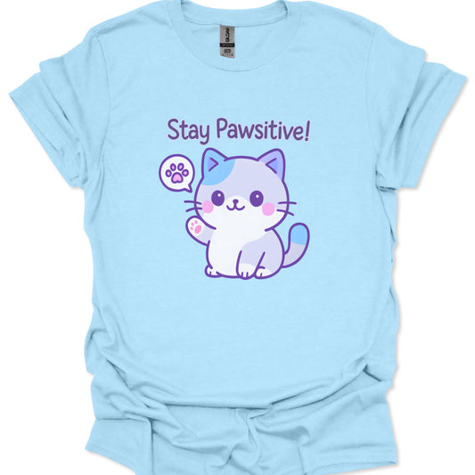 Light blue t-shirt with a cartoon cat and 'Stay Pawsitive!' text on a white background