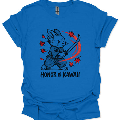 Blue t-shirt with a graphic of a rabbit holding a sword and the text 'Honor is Kawaii' on a white background.