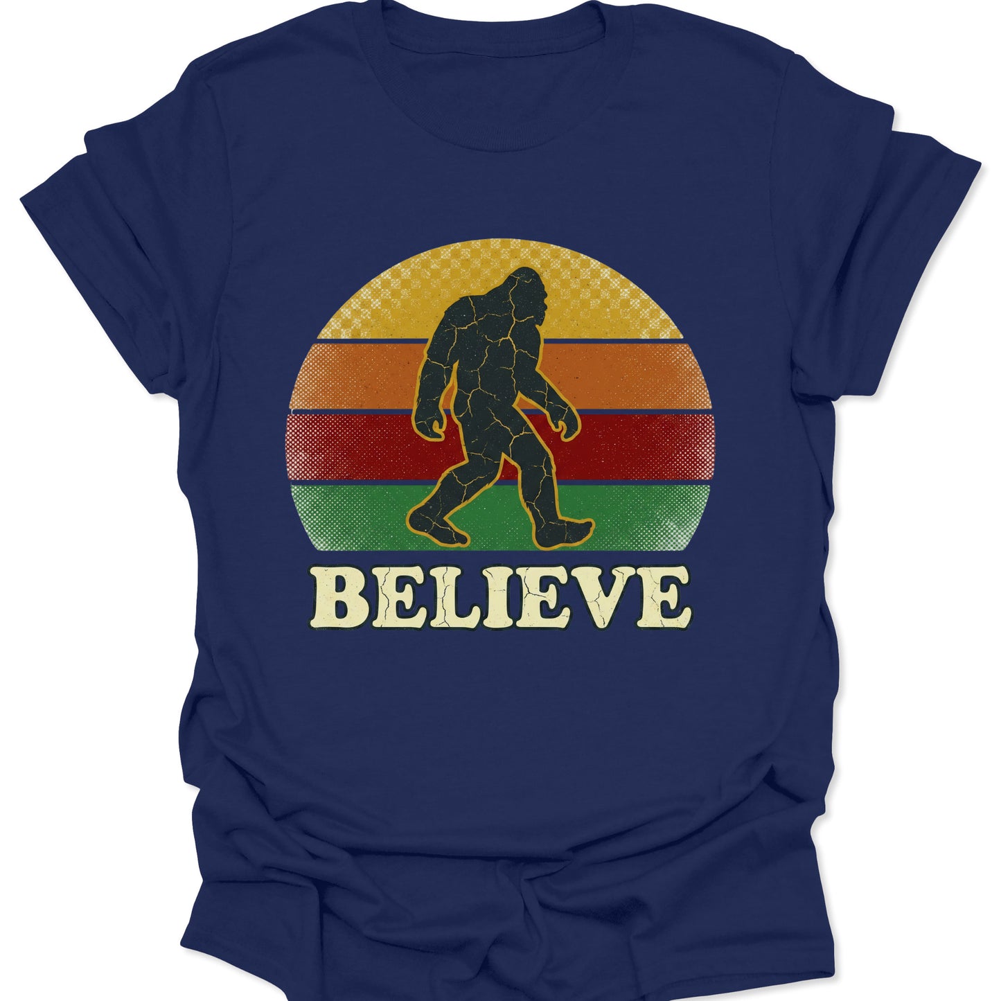 Navy unisex adult t-shirt with a vintage sunset Sasquatch graphic, perfect for urban legend and cryptid fans.