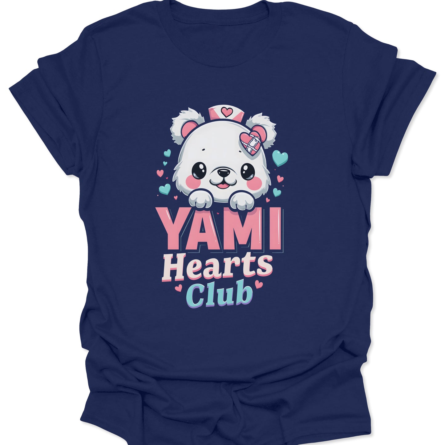 Navy blue premium cotton shirt featuring a Yami Kawaii nurse bear with medical heart icons in a chibi anime style, isolated on a neutral studio background.