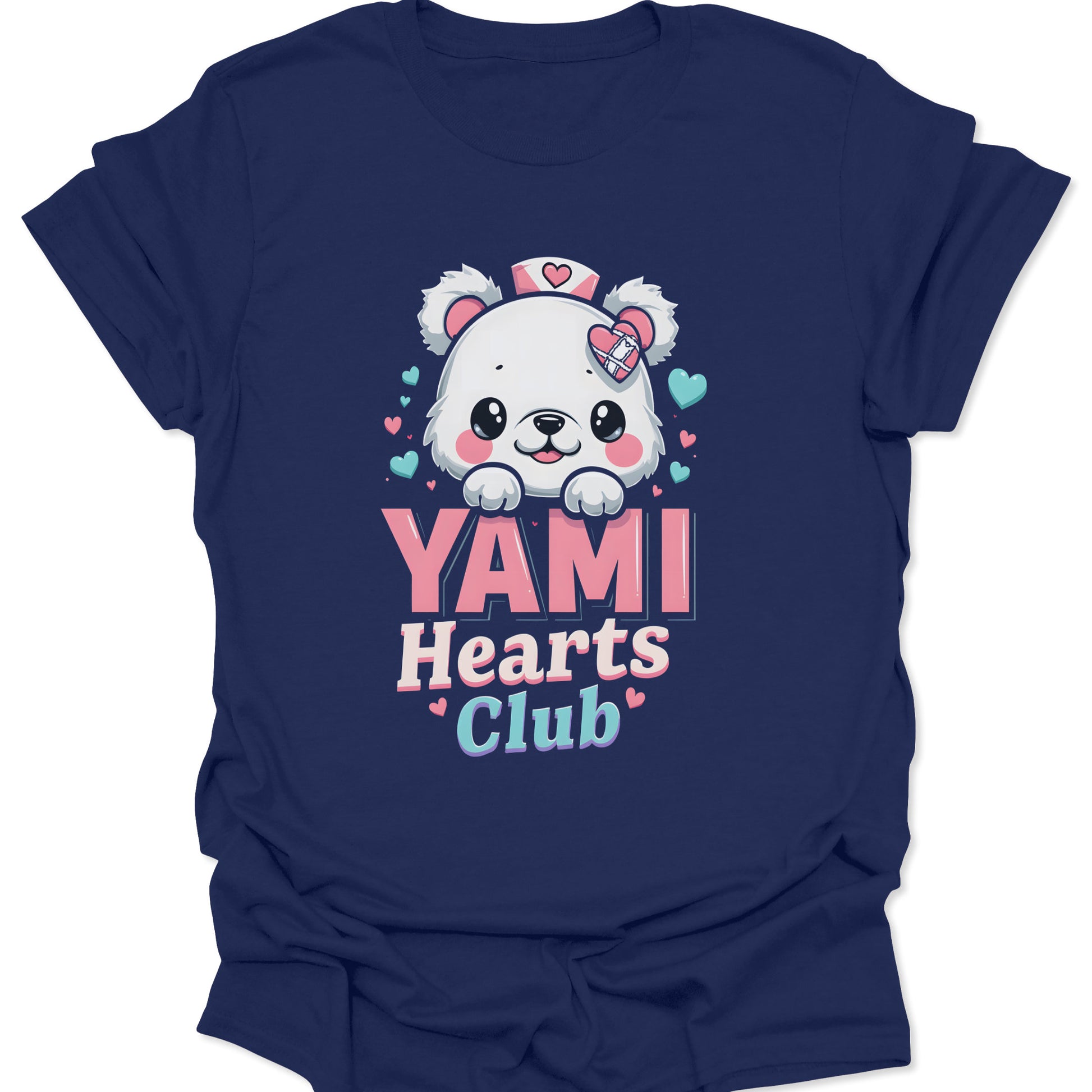 Navy blue premium cotton shirt featuring a Yami Kawaii nurse bear with medical heart icons in a chibi anime style, isolated on a neutral studio background.