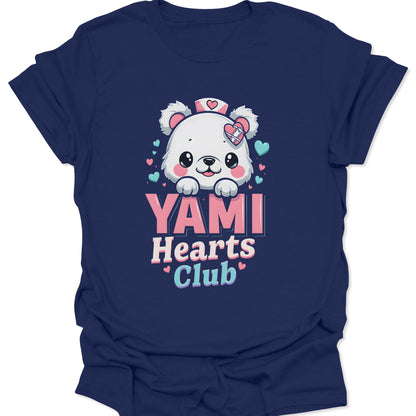 Navy blue premium cotton shirt featuring a Yami Kawaii nurse bear with medical heart icons in a chibi anime style, isolated on a neutral studio background.