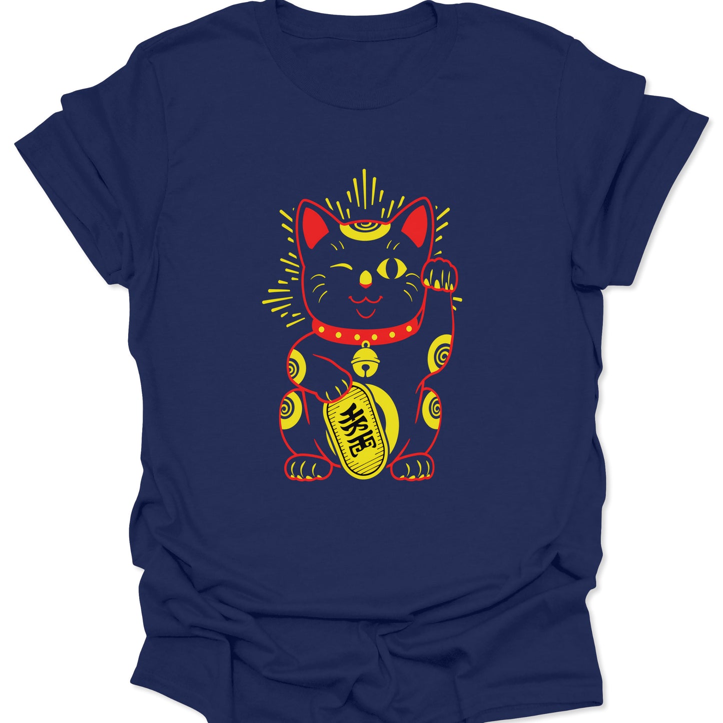 Navy blue premium jersey shirt with a gold-accented Japanese Lucky Cat and Senmanryo coin graphic, rendered in a modern Harajuku streetwear style.