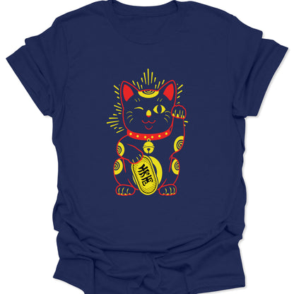 Navy blue premium jersey shirt with a gold-accented Japanese Lucky Cat and Senmanryo coin graphic, rendered in a modern Harajuku streetwear style.