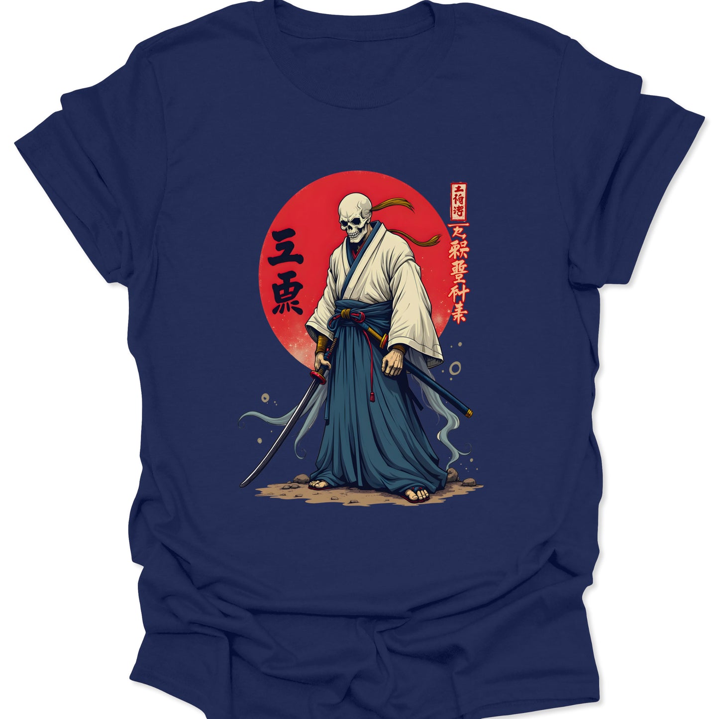 Navy blue ring-spun cotton shirt featuring a skeleton samurai with a katana and red sun in Ukiyo-e style, isolated on a neutral studio background.
