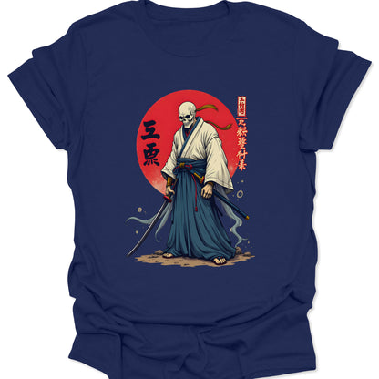 Navy blue ring-spun cotton shirt featuring a skeleton samurai with a katana and red sun in Ukiyo-e style, isolated on a neutral studio background.