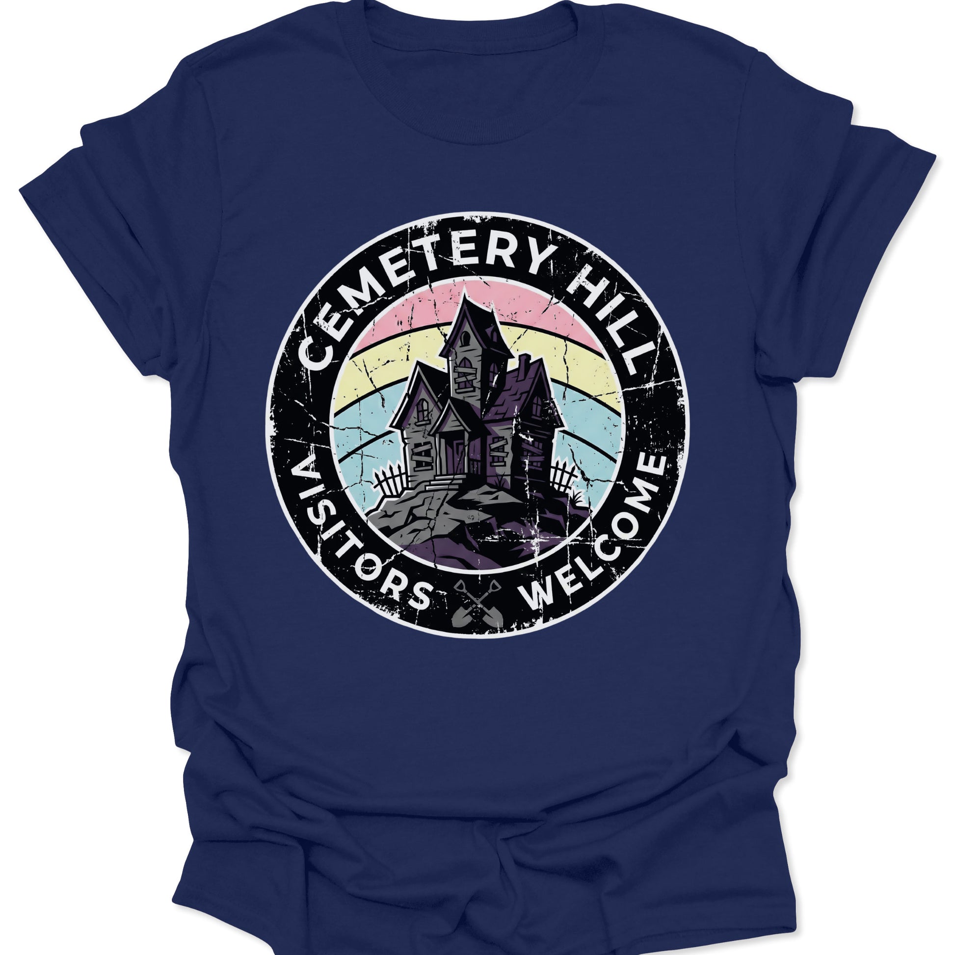 Navy unisex adult t-shirt featuring a pastel goth aesthetic haunted mansion graphic with retro 80s stripes.