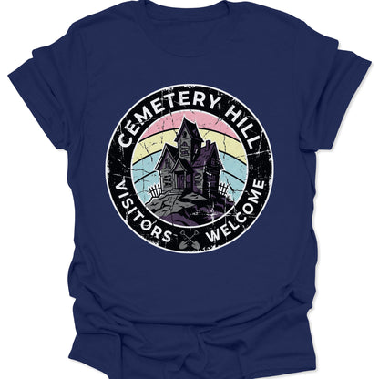 Navy unisex adult t-shirt featuring a pastel goth aesthetic haunted mansion graphic with retro 80s stripes.