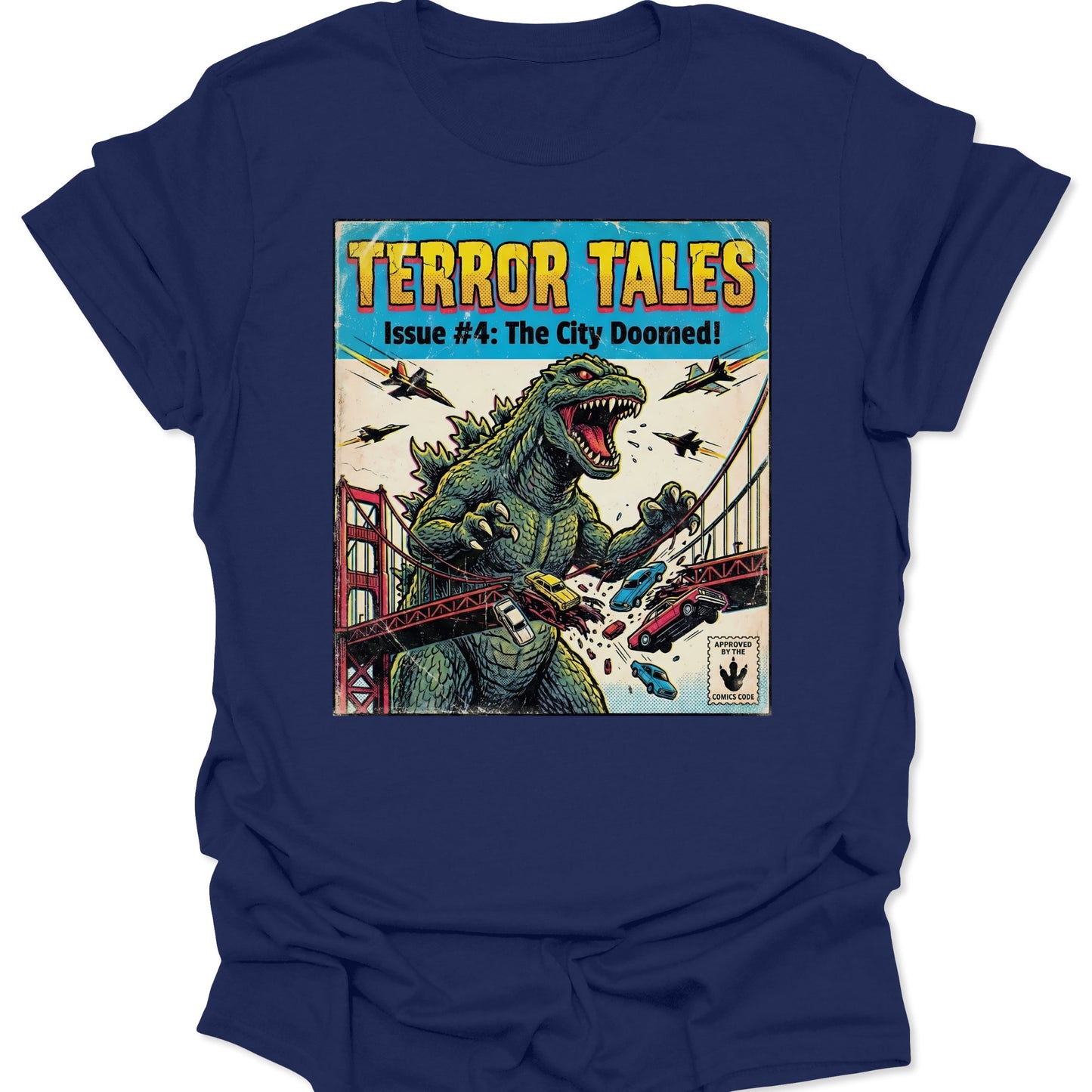 Navy unisex adult t-shirt with a vibrant Kaiju comic print of a sea monster crushing cars on a suspension bridge.