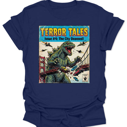 Navy unisex adult t-shirt with a vibrant Kaiju comic print of a sea monster crushing cars on a suspension bridge.