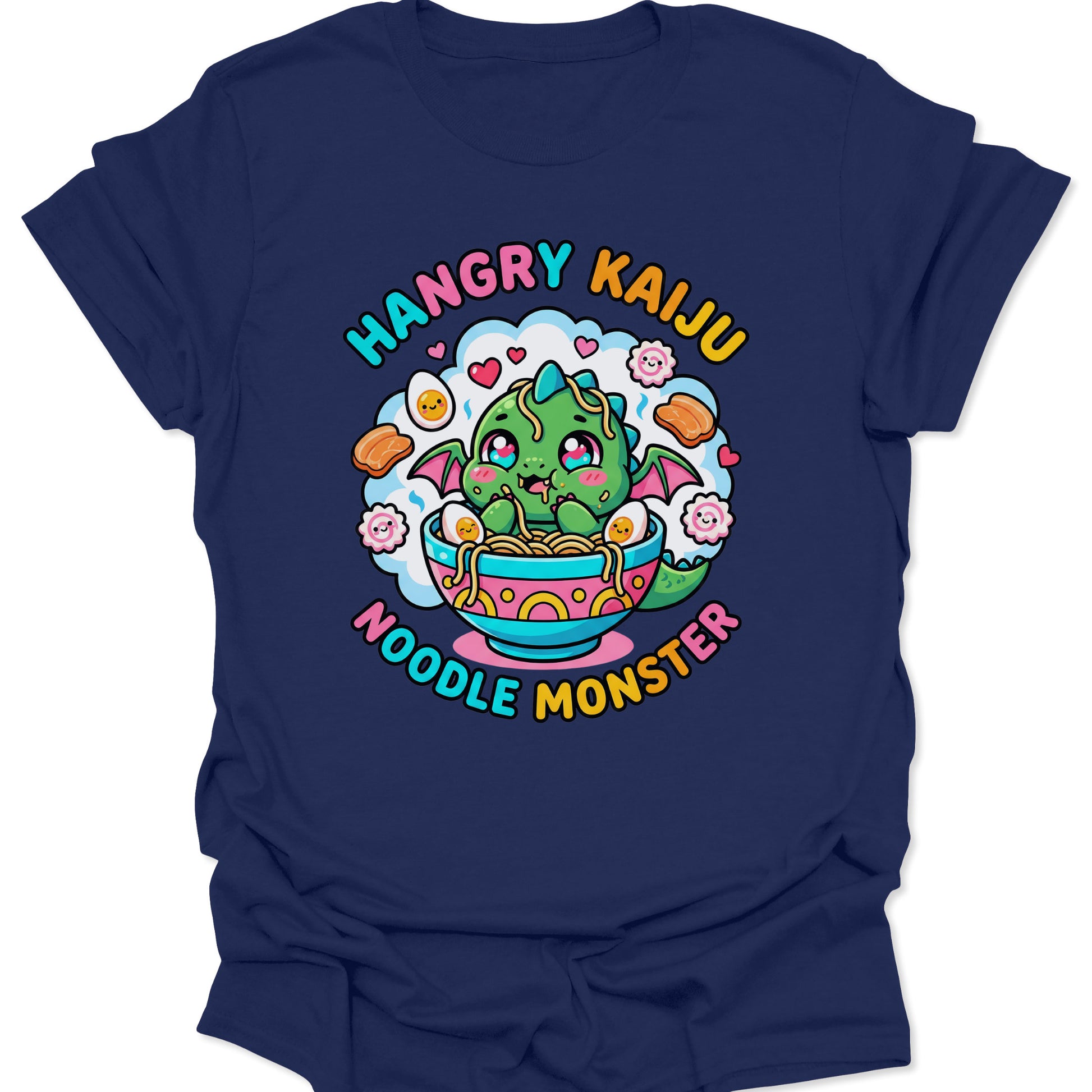Navy unisex adult t-shirt featuring a vibrant noodle monster graphic with pastel hearts and yummy ramen ingredients.