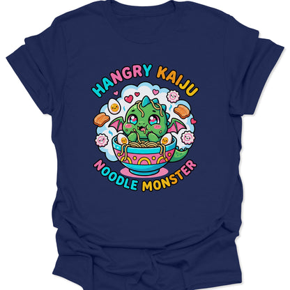 Navy unisex adult t-shirt featuring a vibrant noodle monster graphic with pastel hearts and yummy ramen ingredients.