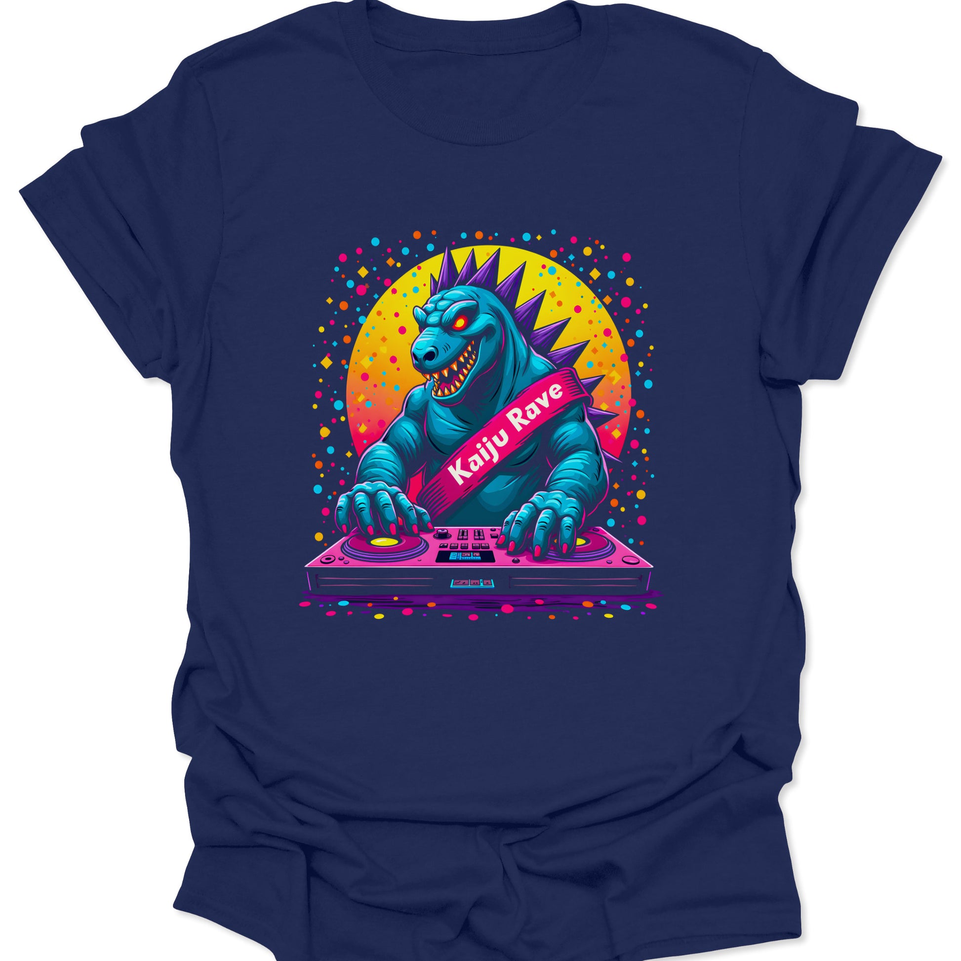 Navy blue lightweight cotton shirt featuring a vibrant synthwave Kaiju monster DJ design in a neon aesthetic, isolated on a clean white background.