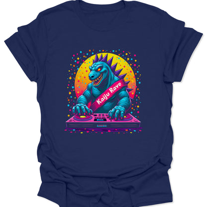Navy blue lightweight cotton shirt featuring a vibrant synthwave Kaiju monster DJ design in a neon aesthetic, isolated on a clean white background.