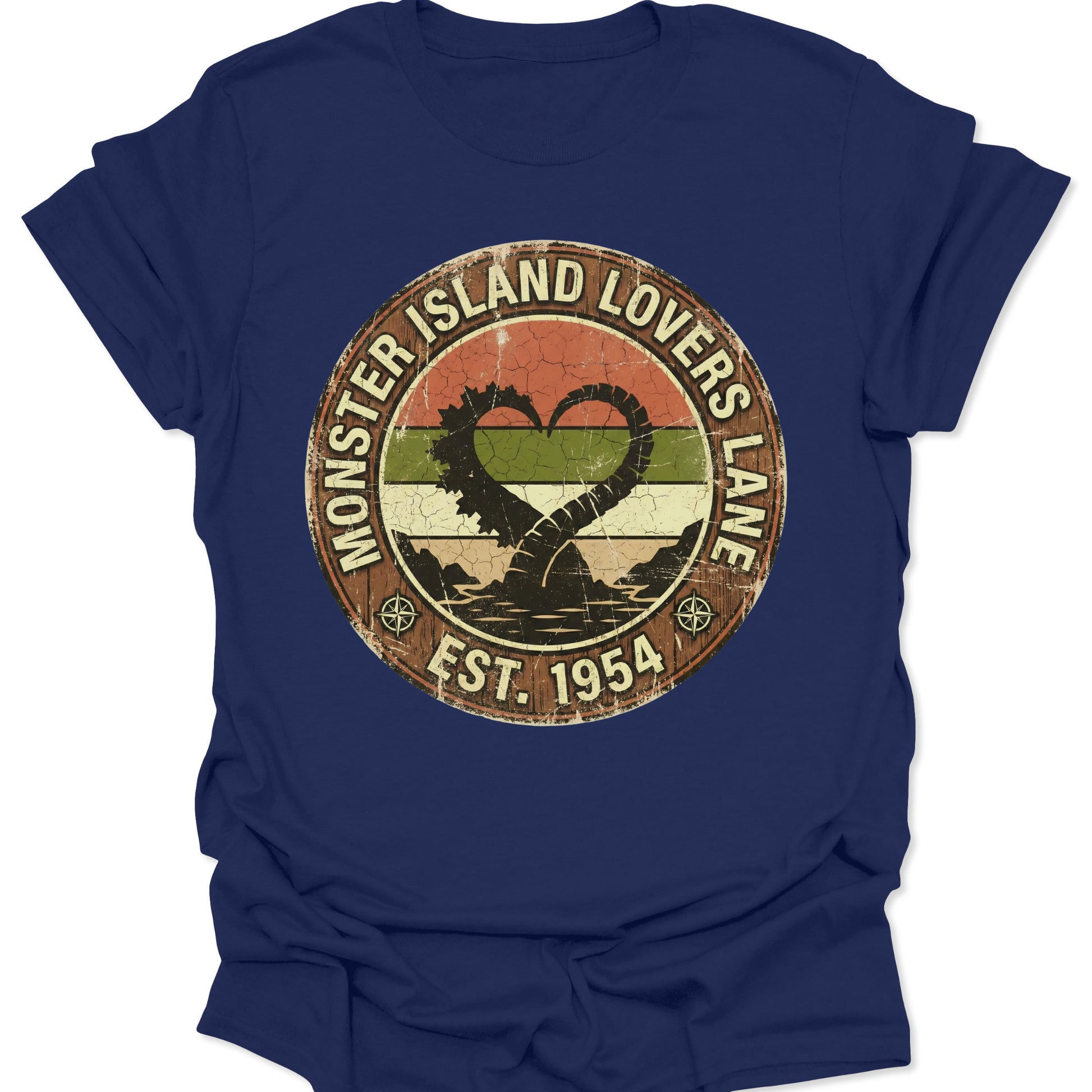 Navy unisex adult t-shirt featuring funny kaiju romance emblem est 1954 with distressed grunge texture.