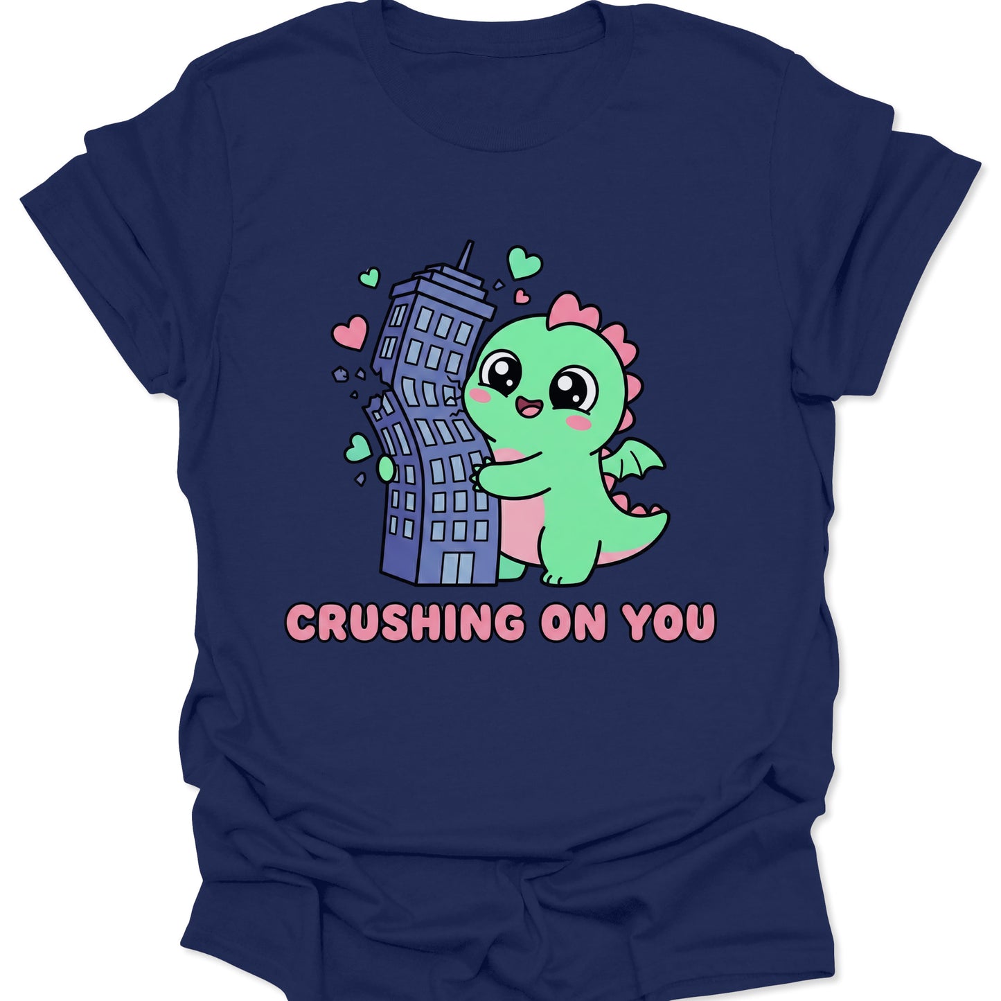 Navy unisex adult t-shirt displaying a funny japanese style monster hugging a tower with romantic Crushing On You quote.