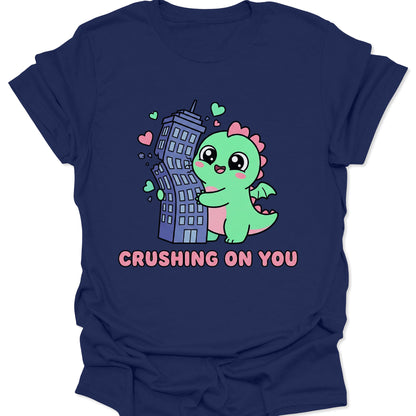Navy unisex adult t-shirt displaying a funny japanese style monster hugging a tower with romantic Crushing On You quote.