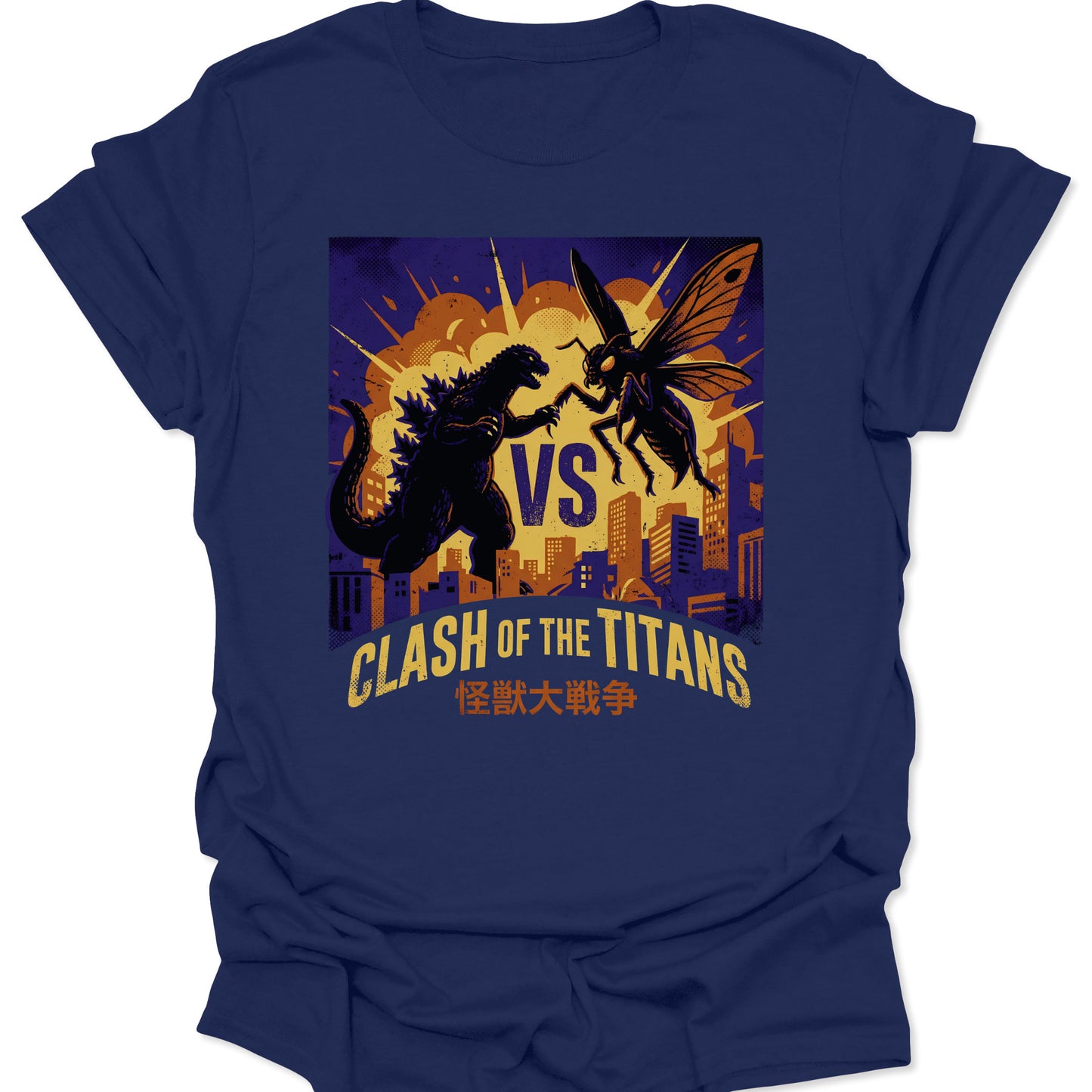 Navy unisex adult t-shirt featuring retro kaiju battle scene with a giant lizard and wasp over a vibrant cityscape.