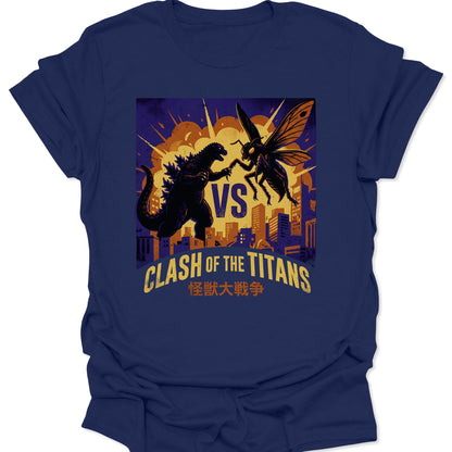 Navy unisex adult t-shirt featuring retro kaiju battle scene with a giant lizard and wasp over a vibrant cityscape.