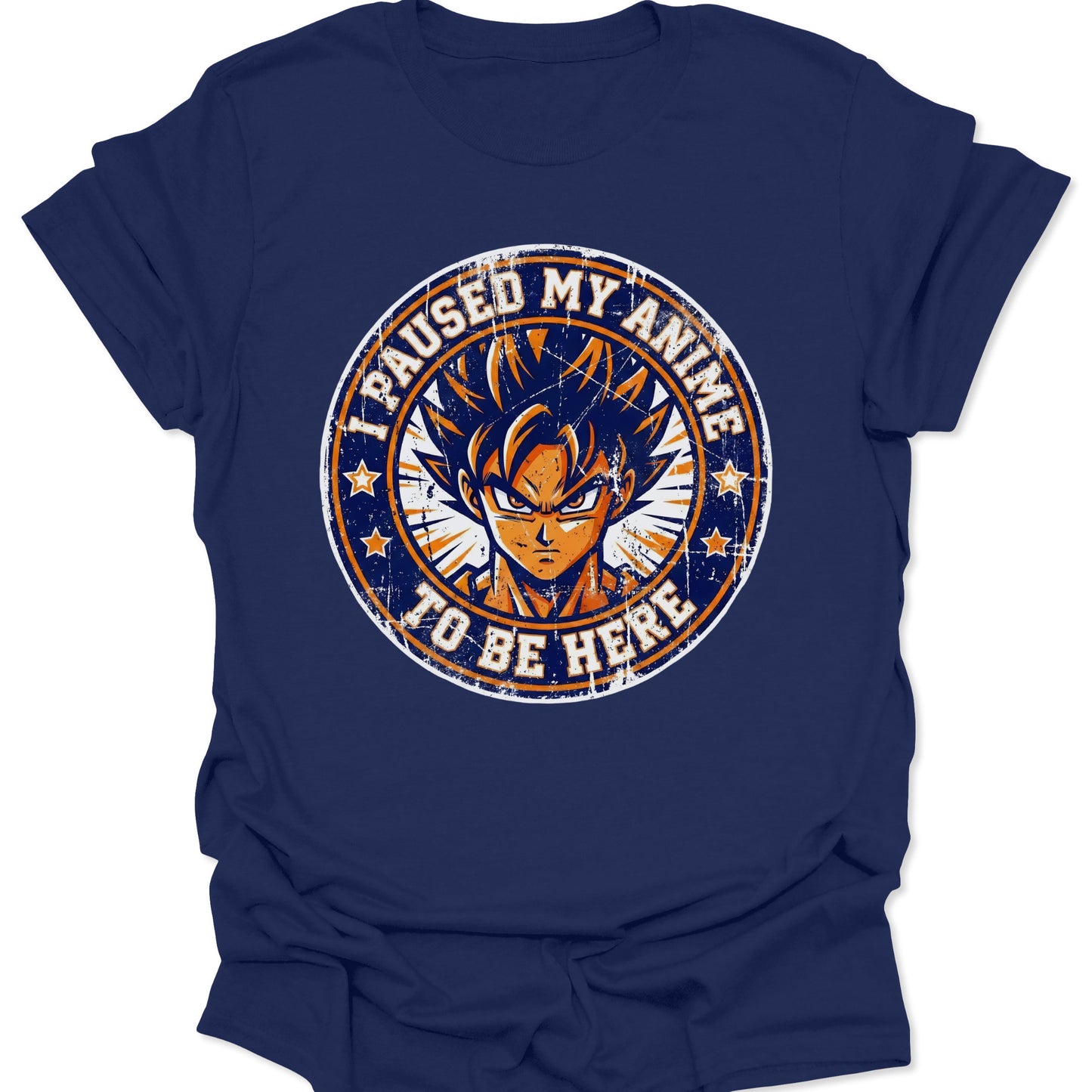 Navy unisex adult t-shirt with a vibrant DTG print of a spiky-haired anime fighter and humorous quote for fans.