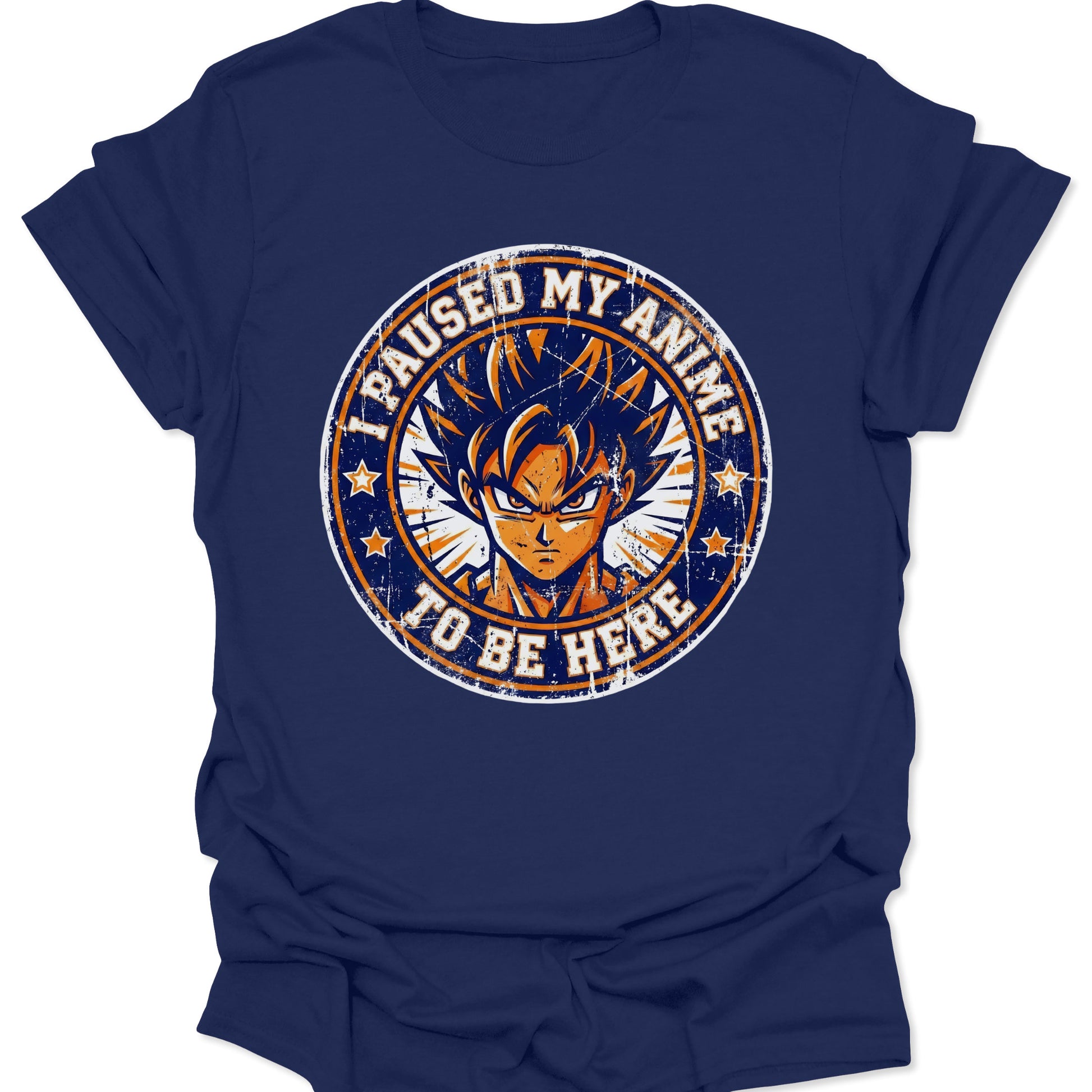 Navy unisex adult t-shirt with a vibrant DTG print of a spiky-haired anime fighter and humorous quote for fans.