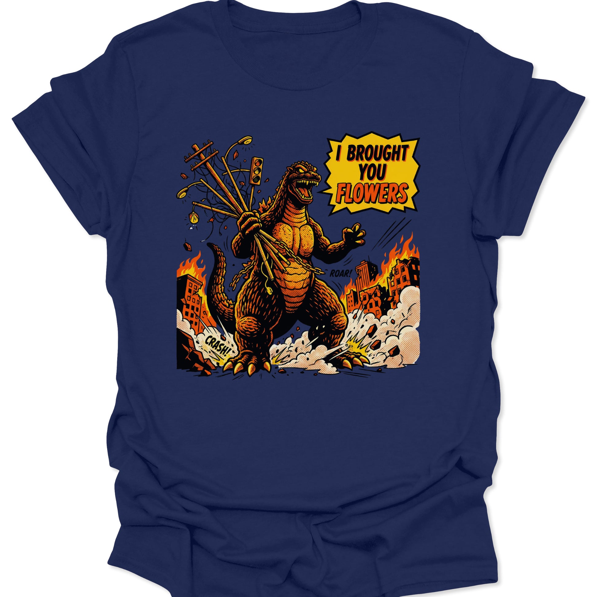 Navy unisex adult t-shirt with a bright orange graphic of a monster holding traffic lights like flowers saying I Brought You Flowers.