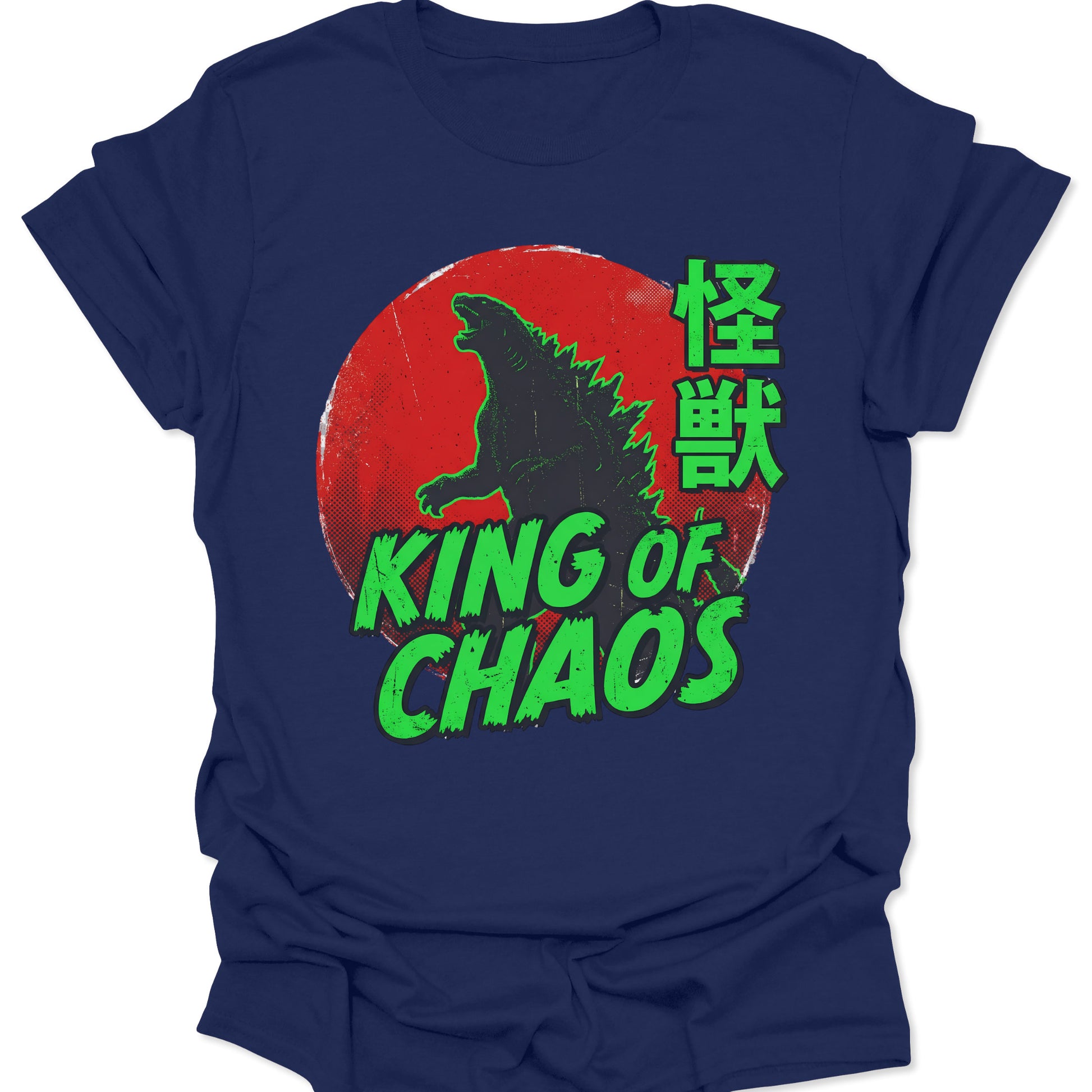Navy unisex adult t-shirt displaying a vintage green Kaiju graphic and bold King of Chaos typography in a retro aesthetic.