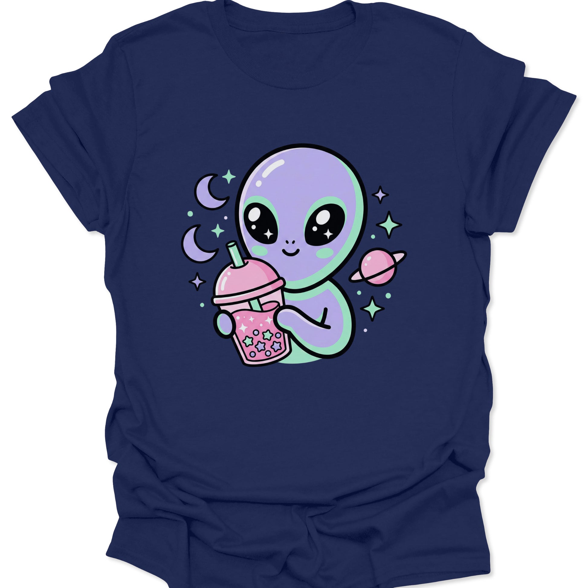 Navy unisex adult t-shirt with a pastel purple alien, pink planet, and crescent moon drinking starry bubble tea.