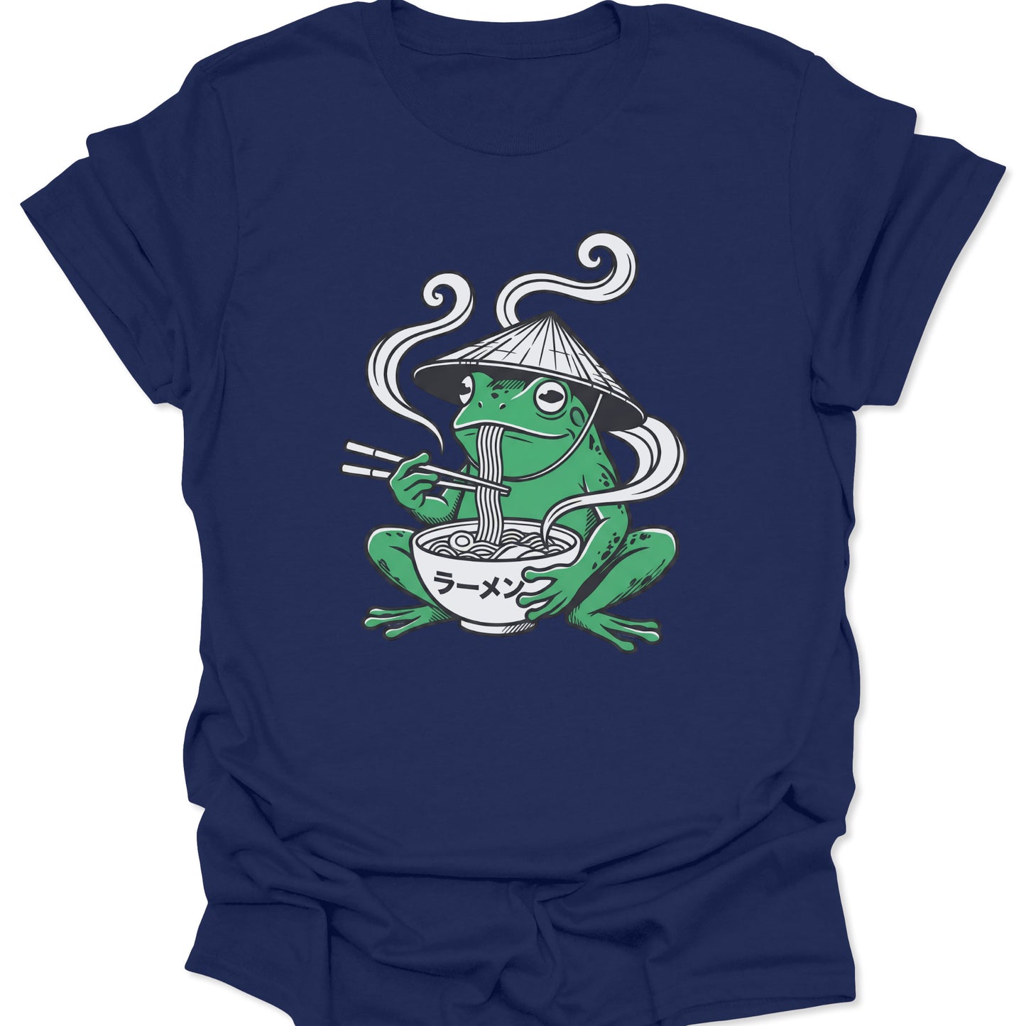 Navy unisex adult t-shirt featuring a minimalist ramen-eating frog illustration with "Ramen" written in Japanese characters.