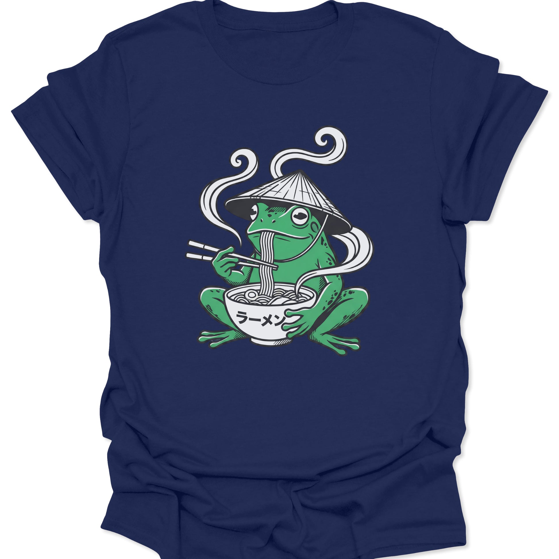 Navy unisex adult t-shirt featuring a minimalist ramen-eating frog illustration with "Ramen" written in Japanese characters.