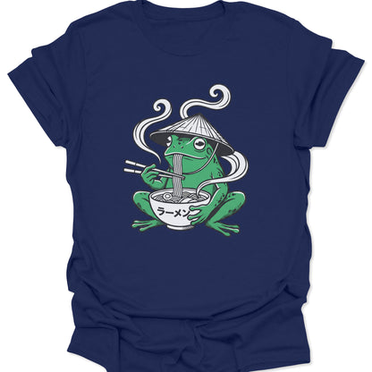Navy unisex adult t-shirt featuring a minimalist ramen-eating frog illustration with "Ramen" written in Japanese characters.