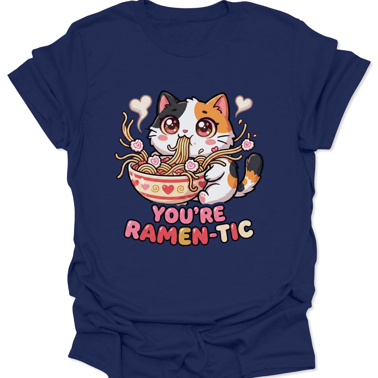 Navy unisex adult t-shirt featuring You're Ramen-tic pun and cartoon cat holding noodles, sweet romantic graphic.