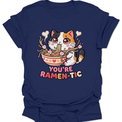 Navy unisex adult t-shirt featuring You're Ramen-tic pun and cartoon cat holding noodles, sweet romantic graphic.