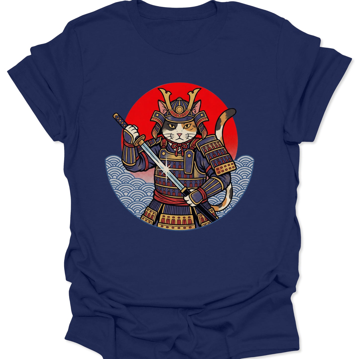 Navy unisex adult t-shirt featuring a samurai cat warrior in dark armor, complemented by blue waves and a red sun.