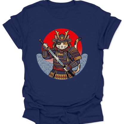 Navy unisex adult t-shirt featuring a samurai cat warrior in dark armor, complemented by blue waves and a red sun.