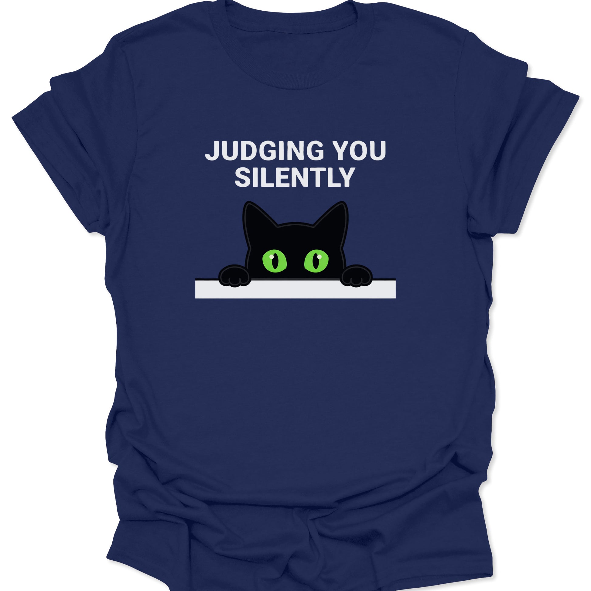 Navy unisex adult t-shirt featuring a peeking black cat with green eyes and Judging You Silently text.