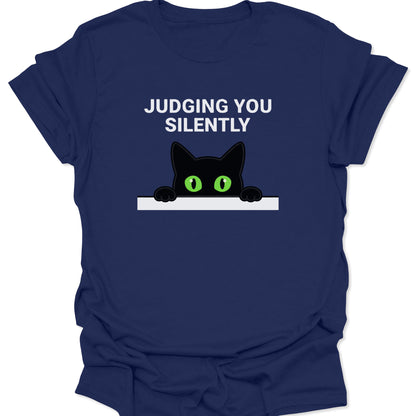 Navy unisex adult t-shirt featuring a peeking black cat with green eyes and Judging You Silently text.