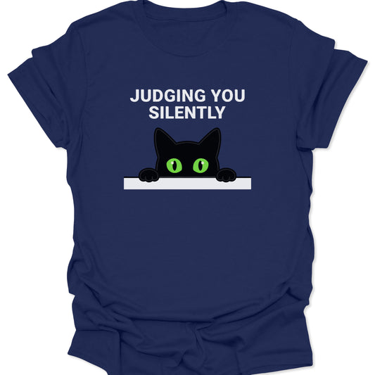 Navy unisex adult t-shirt featuring a peeking black cat with green eyes and Judging You Silently text.